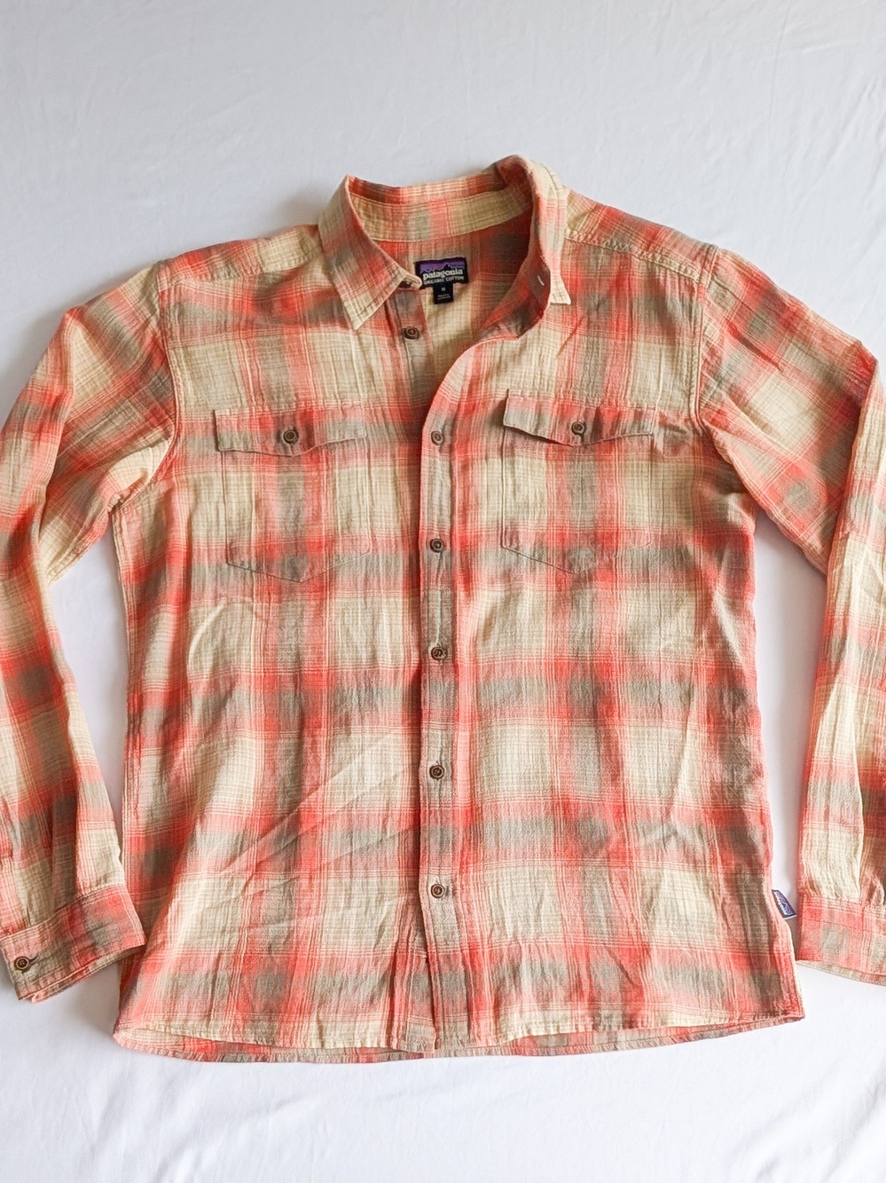 Patagonia AC Steersman Shirt Mens Med Orange Plaid Crepe Crinkle Organic Cotton
